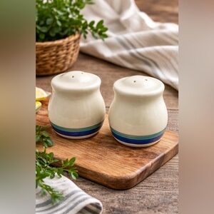 Stoneware Salt Pepper Shakers Set Cream Blue Stripe Farmhouse Kitchen Decor